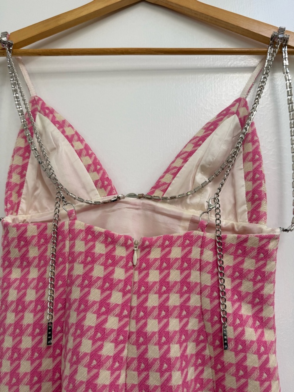 AREA Pink and White Tweed Dress with Silver Chain Detail - Picture 10 of 10